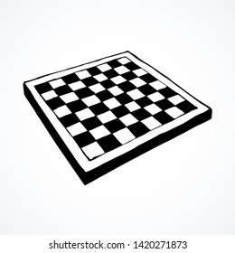 Empty old chessman match attack set on paper space for text. Dark line ink hand drawn winner hobby move mate toy logo pictogram in vintage art doodle cartoon vector style. Closeup surface plan view