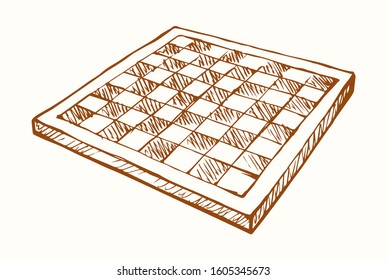 Empty old chessman match attack set on paper space for text. Dark line ink hand drawn winner hobby move mate toy logo pictogram in vintage art doodle cartoon vector style. Closeup surface plan view