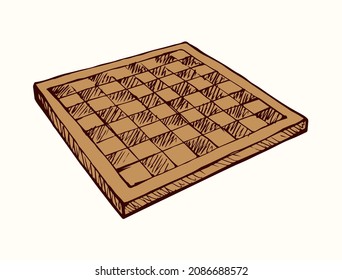 Empty old chessman match attack set on paper space for text. Dark line ink hand drawn winner hobby move mate toy logo pictogram in vintage art doodle cartoon vector style. Closeup surface plan view