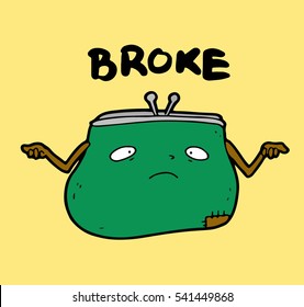 Empty old upset purse in desperation spreads his hands, showing that his owner is broke and that there is no money to pay bills, fines, for shopping, business projects and for any purchases