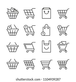 Empty online shopping baskets, market box line web shop vector icons. Illustration set of basket shop for buy purchase