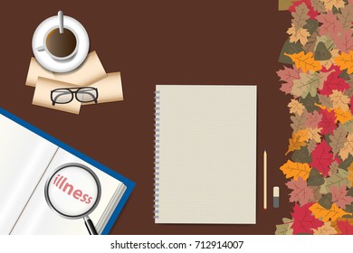 Empty open book with the inscription of illness magnified under magnifying glass and empty notepad ready for your text and cup of coffee are lying on the brown background. 