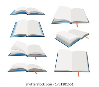 Empty open books set. Cartoon textbooks with bookmarks. Blank books in blue hardcovers. Vector illustration of book mockups isolated on white background