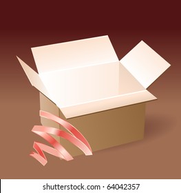 Empty open box with red ribbon on brown background