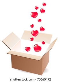 Empty open box with small red hearts