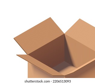 Empty open cardboard box closeup isolated on white isometric vector illustration