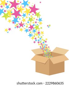 Empty open cardboard box with colorful stars flying out of it.Vector modern illustration. 
