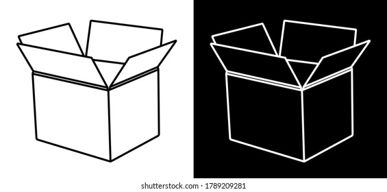 empty open cardboard box. Delivery and transportation of goods from shops. Icon for the website. Black and white vector