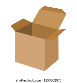Empty open cardboard box isolated on white background. Side view. Brown carton shipping box flat vector