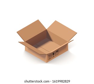 Empty open cardboard box isolated on white isometric vector illustration