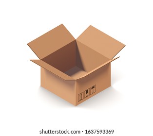 Empty open cardboard box isolated on white isometric vector illustration