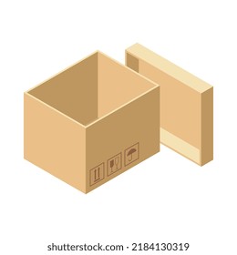 Empty open cardboard box on white background 3d isometric vector illustration