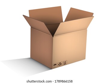 empty open cardboard box in realistic view. Delivery and transportation of goods from shops. Icon for website. Color vector