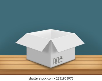 Empty open cardboard box template on a wooden table or shelf. Vector mockup