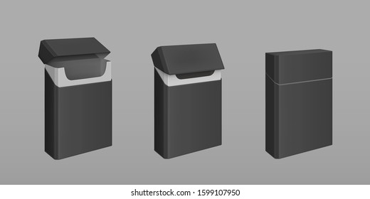 Empty open and closed black pack of slim cigarettes. Vector realistic mockup of paper package box for tobacco products isolated on gray background