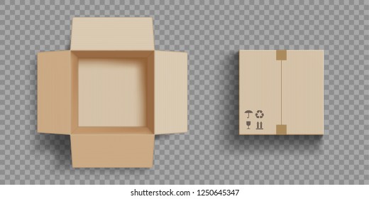 Empty open and closed cardboard box. Isolated on a transparent background. Vector illustration.