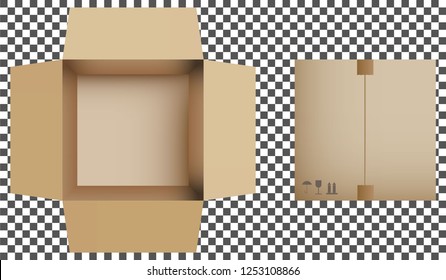 Empty open and closed cardboard box. Isolated on a transparent background. Vector illustration.