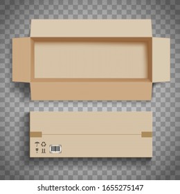 Empty open and closed cardboard box for delivery. Isolated on a transparent background. Vector illustration.