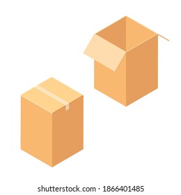 Empty open and closed cardboard box. Isolated on a white background. Vector illustration. Isometric view