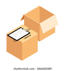 Empty open and closed cardboard box parcel with dispatch sheet invoice. Isolated on a white background.  Checking delivery order. Vector 