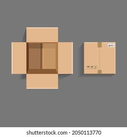 Caja de cartón vacía abierta y cerrada. Vista superior. Ilustración vectorial.