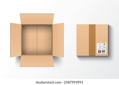 Empty open and closed cardboard box. Isolated on white background, vector illustration