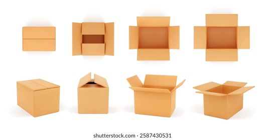 Empty open and closed cardboard boxes. Vector in realistic style, isolated mockup of parcels for shipment and delivery. Packages top and side view. Merchandise and retail, shop transportation