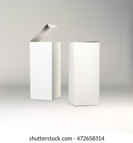 Empty open and closed form template box package white with space for advertising text labels 3d rendering blank, vector