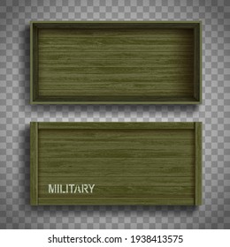 Empty open and closed green military wooden boxes. Set blank packages template. Isolated on transparent background. Vector mockup.