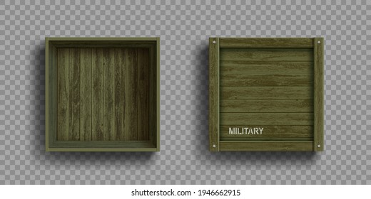 Empty open and closed green military wooden boxes. Set blank packages template. Isolated on transparent background. Vector mockup.