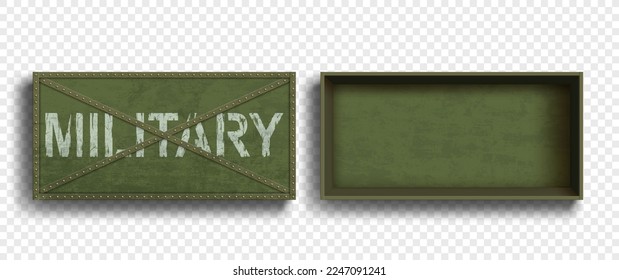 Cajas de metal militar verdes vacías y abiertas para armas. Plantilla de paquetes en blanco. Aislado sobre un fondo transparente. Burla de vectores.