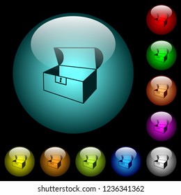 Empty open coffer icons in color illuminated spherical glass buttons on black background. Can be used to black or dark templates