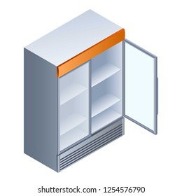 Empty open drink fridge icon. Isometric of empty open drink fridge vector icon for web design isolated on white background
