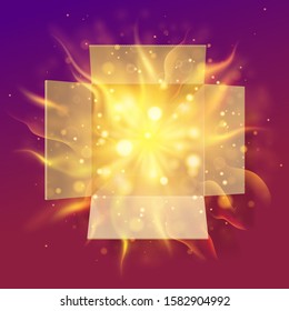 Empty Open gift box with fire flames and bright rays of light, top view. Bokeh effect.  Isolated on burgundy background.
