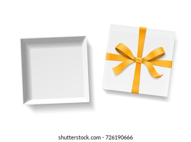 Empty open gift box with gold color bow knot and ribbon isolated on white background. Happy birthday, Christmas, New Year or Valentine Day package concept. Closeup Vector illustration 3d top view