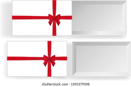 Empty open gift box with red color bow knot, ribbon isolated on white background. Happy birthday, Christmas, New Year, Wedding or Valentine Day package concept. Closeup Vector illustration 3d top view