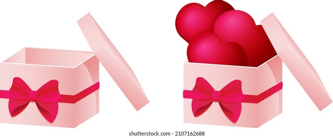 Empty open gift box with red color bow knot. An open box with hearts. Happy birthday, Christmas, New Year, Wedding or Valentine Day package concept. Vector illustration.