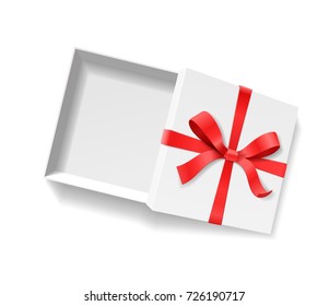 Empty open gift box with red color bow knot, ribbon isolated on white background. Happy birthday, Christmas, New Year, Wedding or Valentine Day package concept. Closeup Vector illustration 3d top view