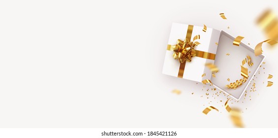 Modelo de caixa de presente aberto vazio. Design de Natal Objetos decorativos realistas. Banner de venda, cartaz surpresa, folheto e folheto. Mock up feriado. Comemore aniversário, aniversário, casamento. postura plana, vista superior