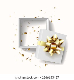 Empty Open gift box template. Design Realistic decorative objects. Sale banner, surprise poster, flyer and brochure. mock up holiday. Celebrate birthday, anniversary, wedding. flat lay, top view