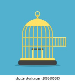 Empty open golden bird cage. Freedom, liberation, amnesty, pets, jail break, wealth and luxury concept. Flat design. Vector illustration. EPS 8, no gradients, no transparency