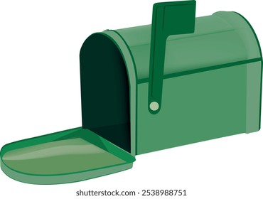 Empty open green mailbox with raised flag on white background