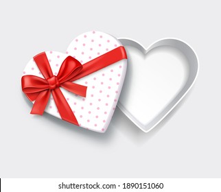 Empty open heart shaped white gift box with red ribbon. Vector illustrations.