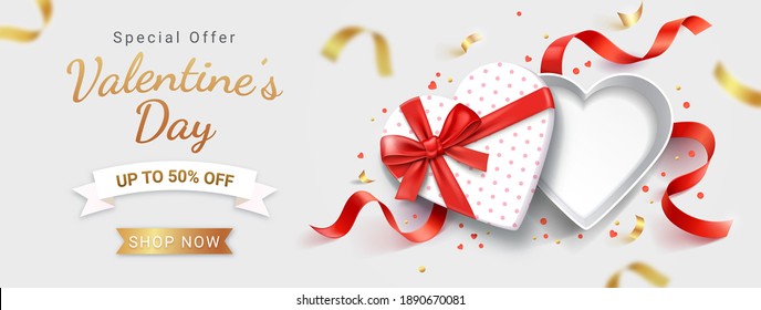 Empty open heart shaped white gift box with red ribbon. Valentines day card background vector illustrations.