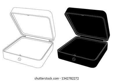 Empty open jewelry box. Black and white outline icons. Vector illustration isolated on white background