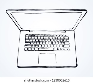 Empty open Lcd netbook type on white table backdrop. Freehand black outline ink hand drawn led tablet. Www data layout logo emblem in modern art doodle style pen on paper space for text. Close up view