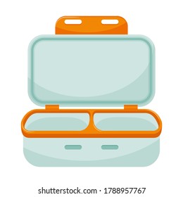 Empty open lunch box with two departments. Dishes for takeaway, lunch at school or at work. Kitchen container with lid. Color vector illustration in flat style. Isolated on a white background.