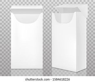 Empty open pack of cigarettes isolated on transparent background. Vector realistic mockup of white paper package box for tobacco products in front and side view