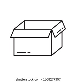 Empty open packaging box icon. Thin line art template for logo. Black and white simple illustration. Contour hand drawn isolated vector image on white background. Symbol of logistics transport company
