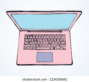 Empty open pink Lcd macbook type on white office table backdrop. Hand drawn led mac netbook. Www social online using data layout logo emblem in modern art doodle style on space for text. Close up view